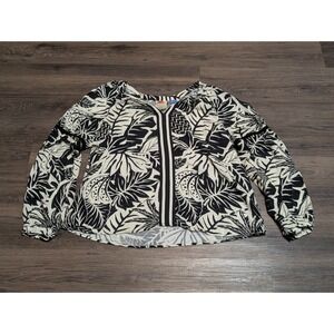 Farm Rio for Anthropologie Black White Tropical Angela Blouse Small READ